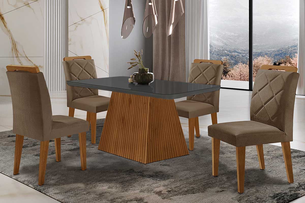 Sala de Jantar Completa Luna Tampo Madeirado c/ Vidro Curvo 120x80 e 4 Cadeiras Melissa - Rufato