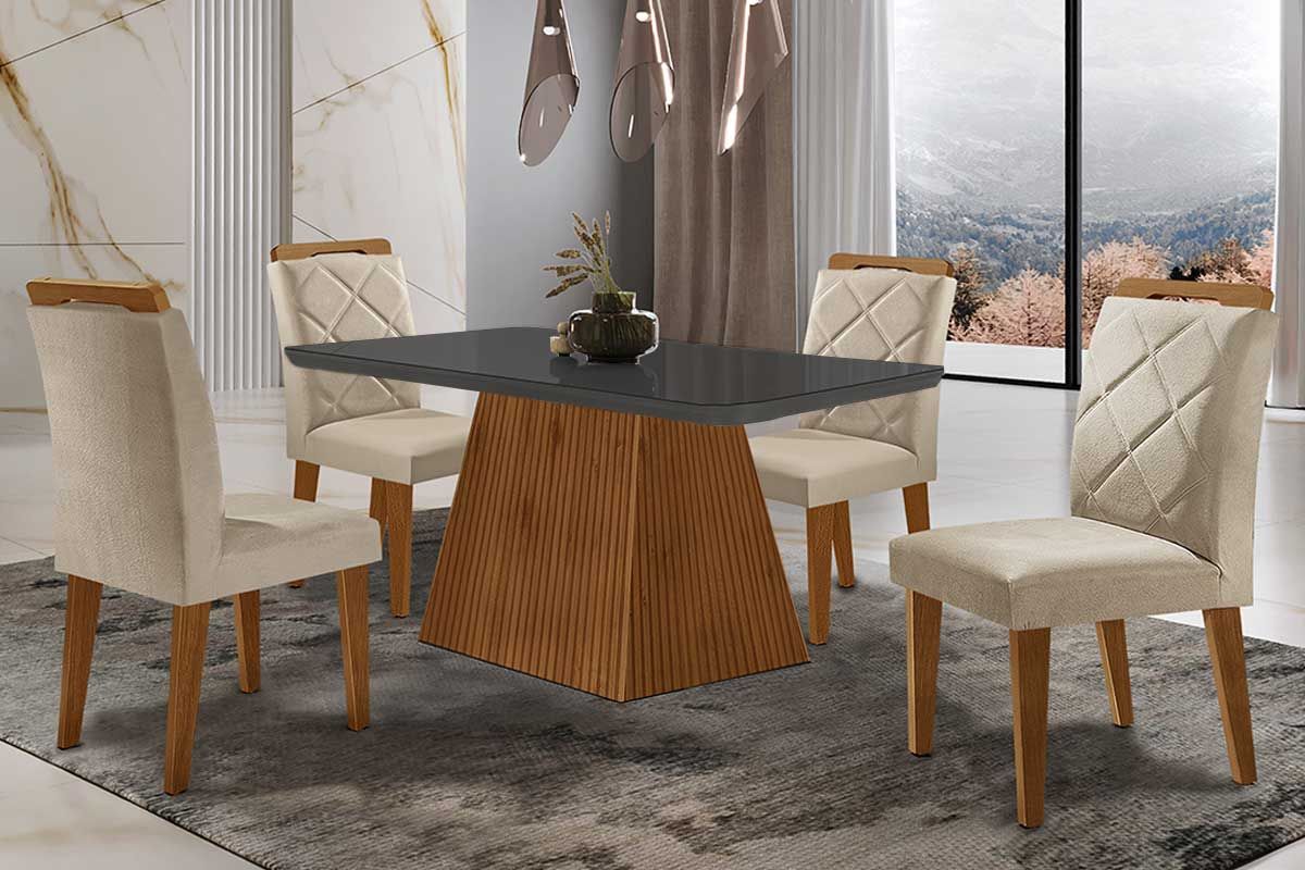 Sala de Jantar Completa Luna Tampo Madeirado c/ Vidro Curvo 120x80 e 4 Cadeiras Melissa - Rufato