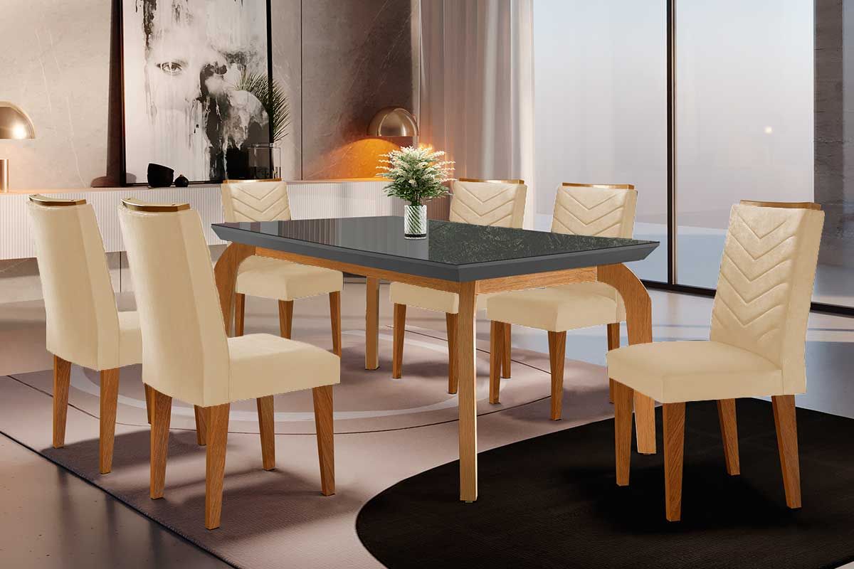 Sala Jantar Mesa Londrina Tampo Madeirado c/ Vidro Curvo 180x90 e 6 Cadeiras Londrina - Rufato