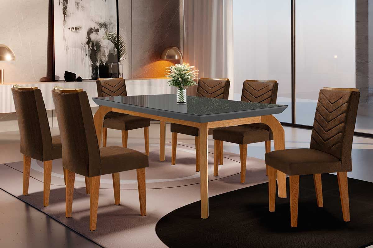 Sala Jantar Mesa Londrina Tampo Madeirado c/ Vidro Curvo 180x90 e 6 Cadeiras Londrina - Rufato
