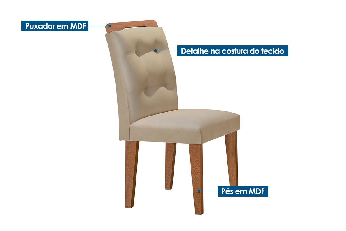 Sala de Jantar Completa Imperatriz Tampo Madeirado c/ Vidro Curvo 180x90 e 6 Cadeiras Imperatriz - Rufato