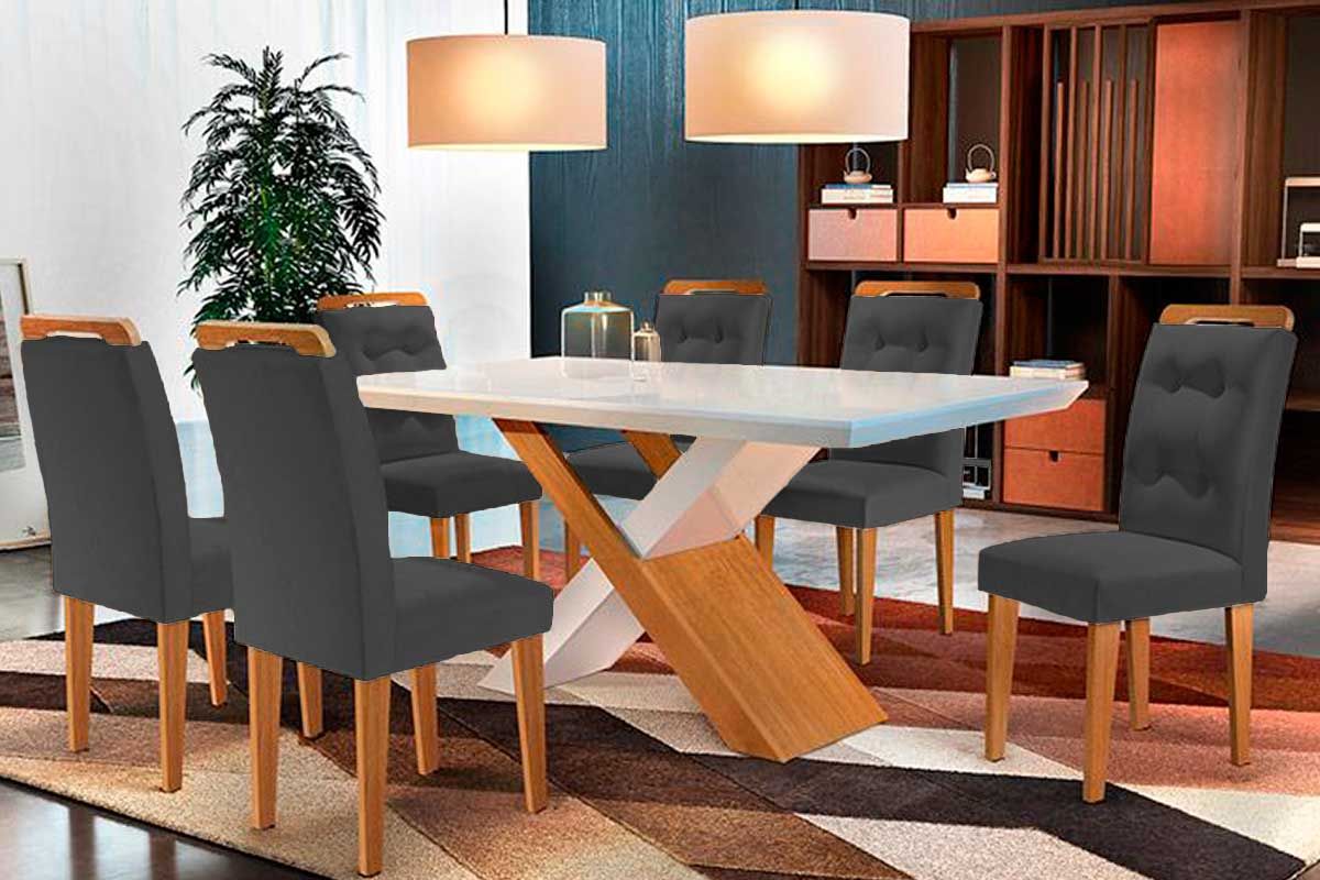 Sala de Jantar Completa Imperatriz Tampo Madeirado c/ Vidro Curvo 180x90 e 6 Cadeiras Imperatriz - Rufato