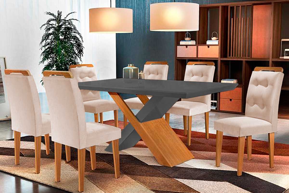 Sala de Jantar Completa Imperatriz Tampo Madeirado c/ Vidro Curvo 180x90 e 6 Cadeiras Imperatriz - Rufato