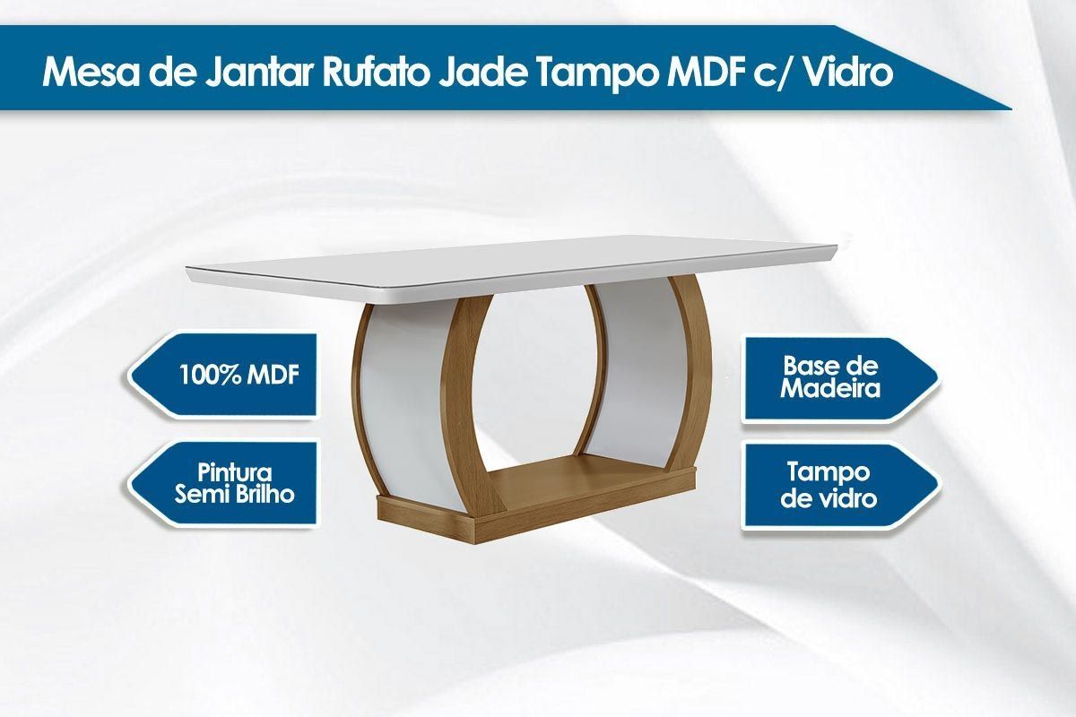 Sala de Jantar Completa Jade Tampo Madeirado c/ Vidro Canto Curvo 180x90 e 6 Cadeiras Jade - Rufato