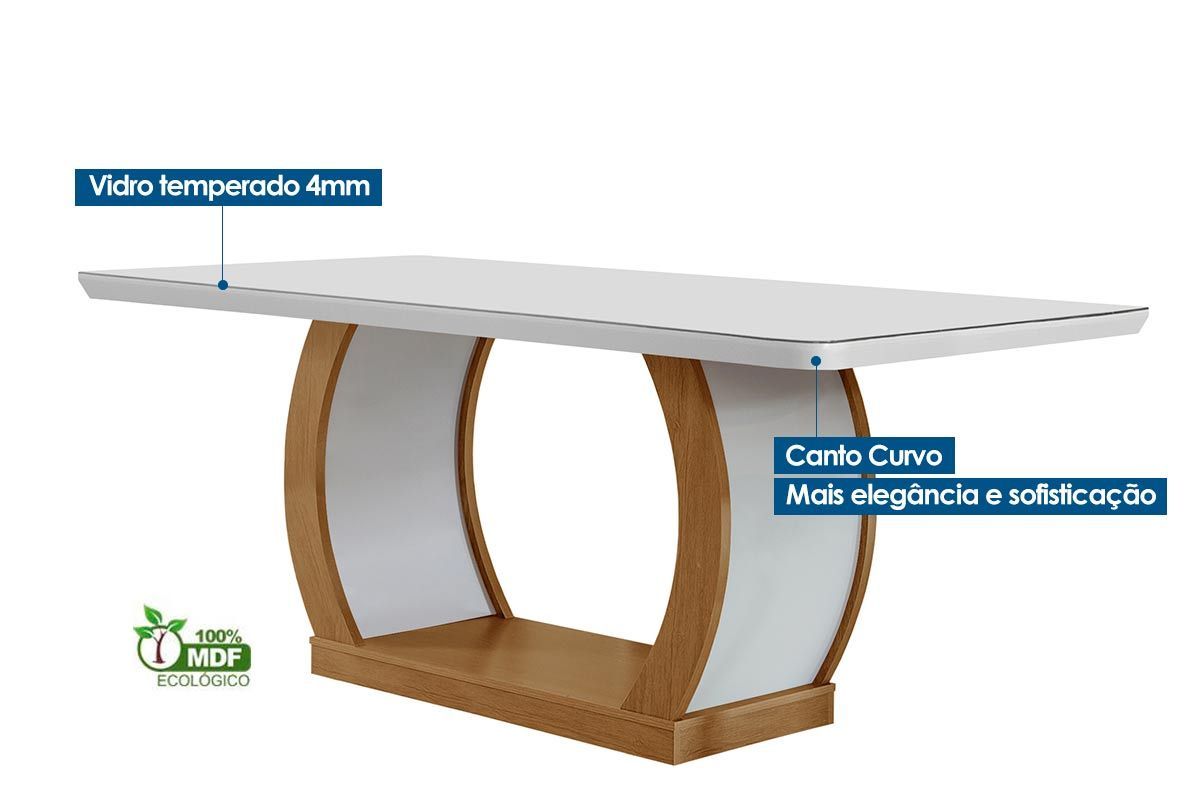 Sala de Jantar Completa Jade Tampo Madeirado c/ Vidro Canto Curvo 180x90 e 6 Cadeiras Jade - Rufato