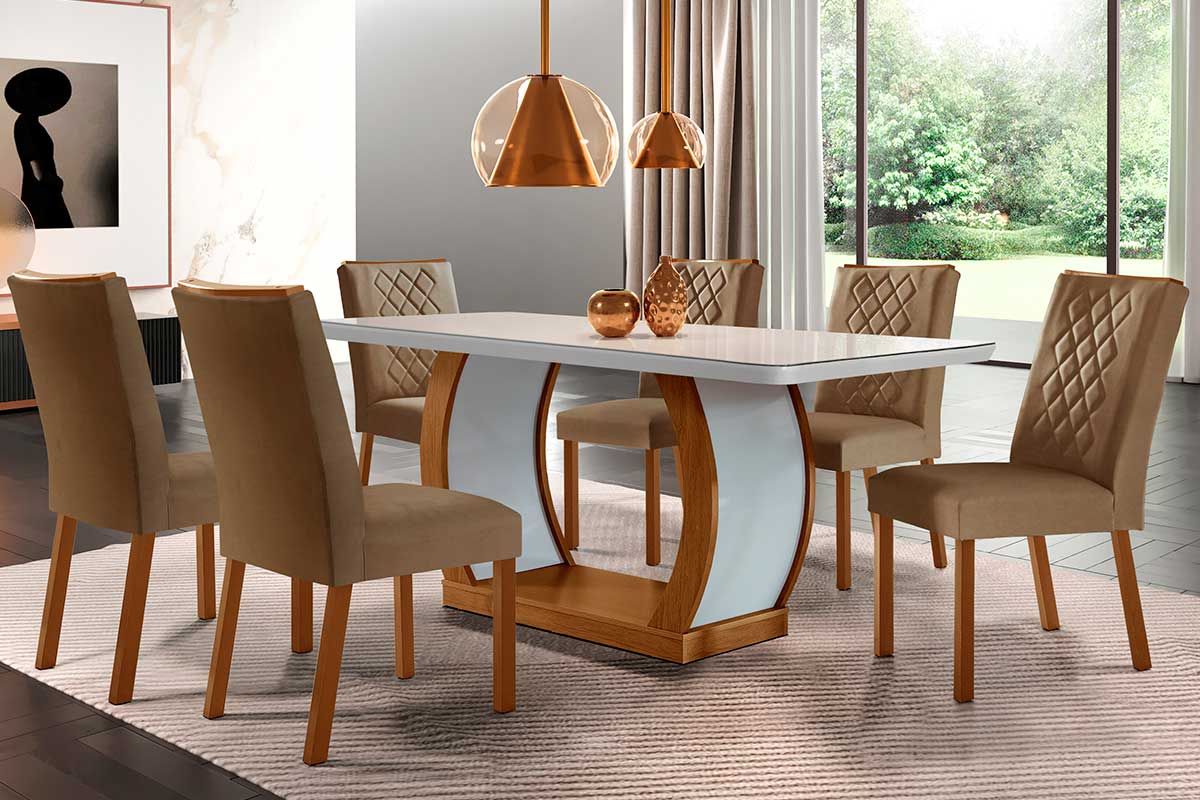 Sala de Jantar Completa Jade Tampo Madeirado c/ Vidro Canto Curvo 180x90 e 6 Cadeiras Jade - Rufato