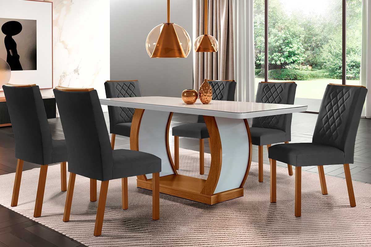 Sala de Jantar Completa Jade Tampo Madeirado c/ Vidro Canto Curvo 180x90 e 6 Cadeiras Jade - Rufato