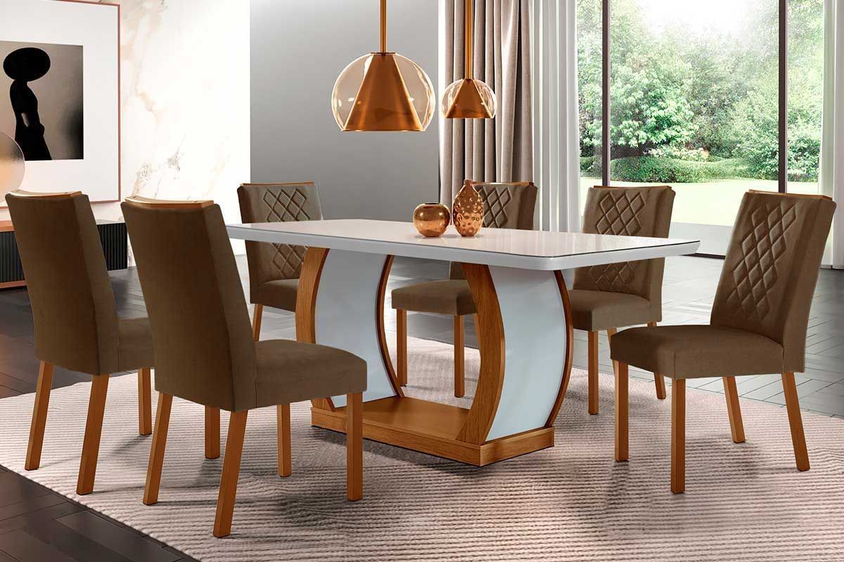 Sala de Jantar Completa Jade Tampo Madeirado c/ Vidro Canto Curvo 180x90 e 6 Cadeiras Jade - Rufato