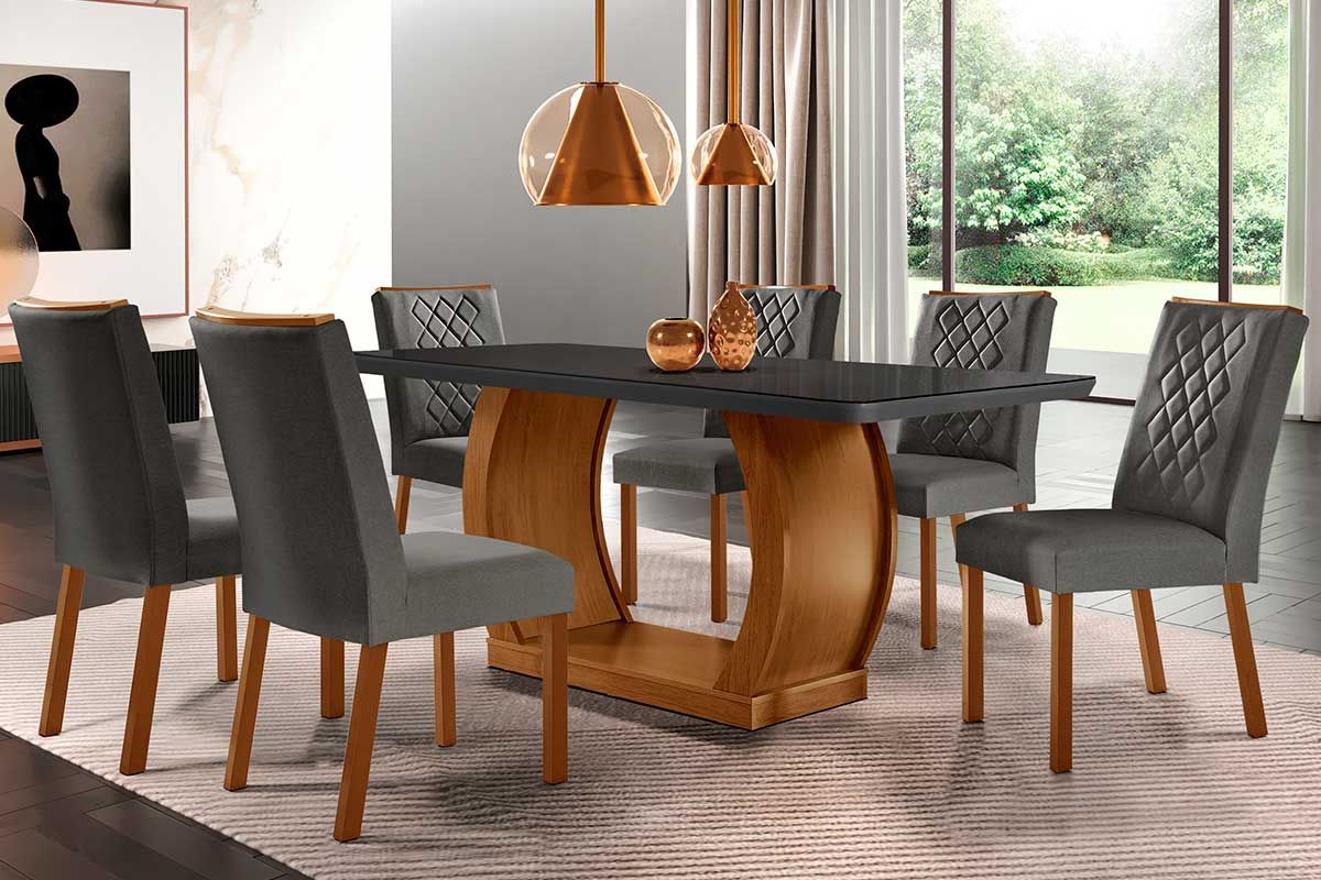 Sala de Jantar Completa Jade Tampo Madeirado c/ Vidro Curvo 180x90 e 6 Cadeiras Jade - Rufato