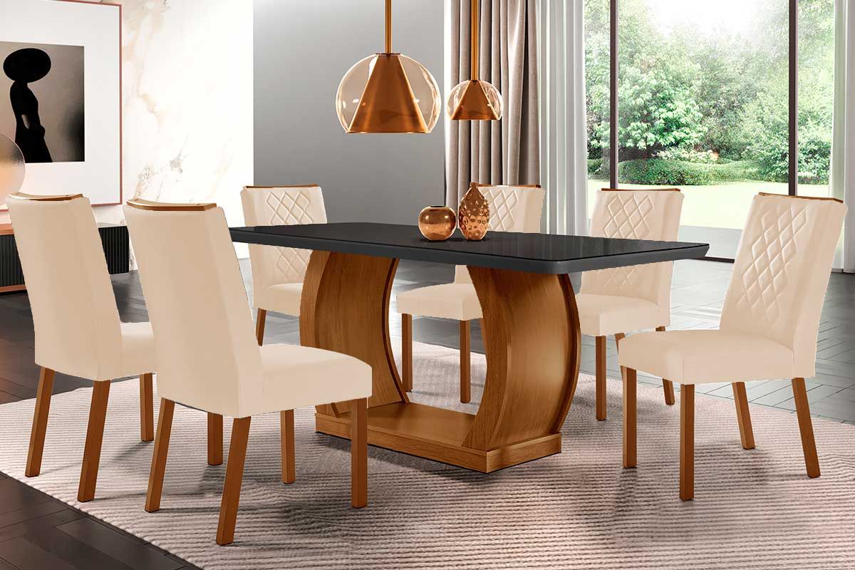 Sala de Jantar Completa Jade Tampo Madeirado c/ Vidro Curvo 180x90 e 6 Cadeiras Jade - Rufato