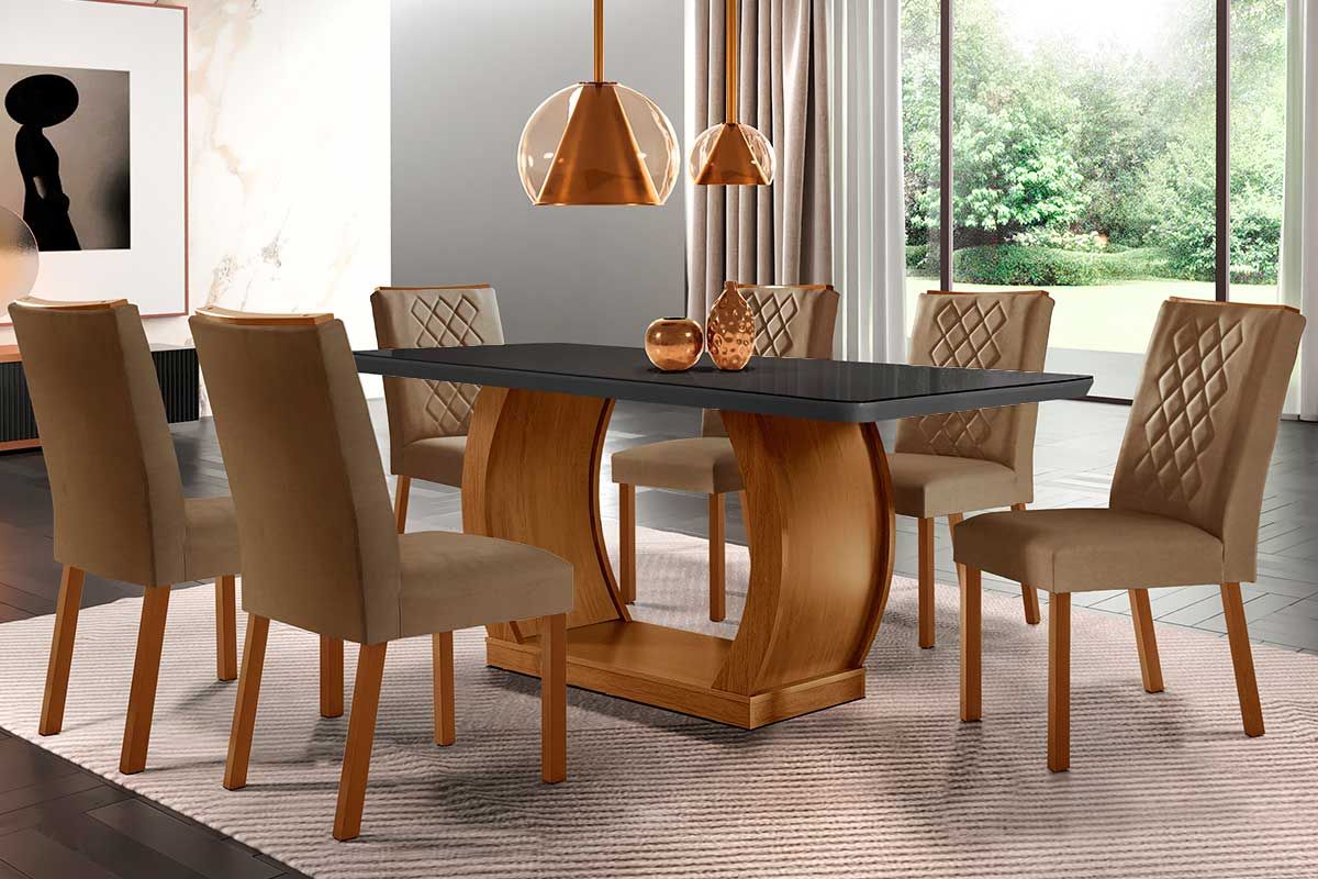 Sala de Jantar Completa Jade Tampo Madeirado c/ Vidro Curvo 180x90 e 6 Cadeiras Jade - Rufato