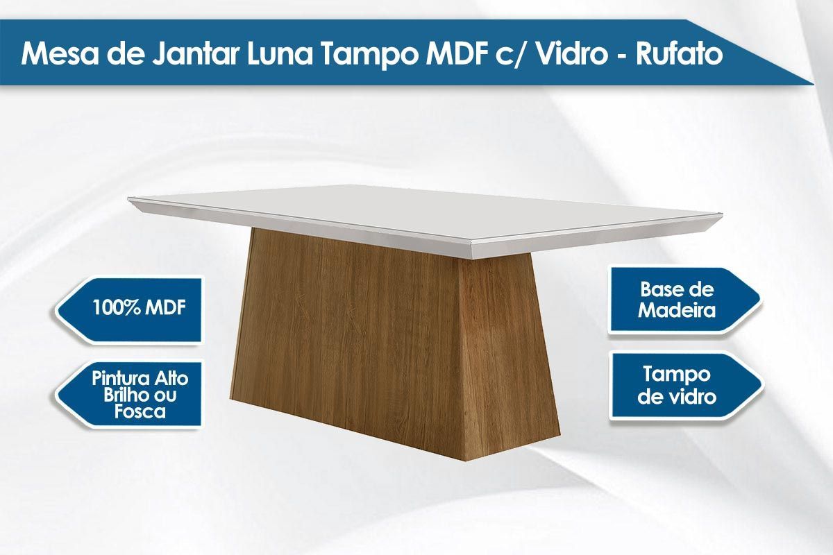 Sala de Jantar Completa Luna Tampo Madeirado c/ Vidro Canto Curvo 180x90 e 6 Cadeiras Amsterdã - Rufato
