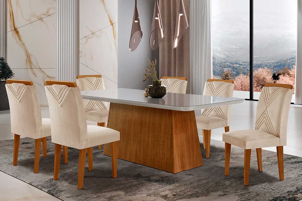 Sala de Jantar Completa Luna Tampo Madeirado c/ Vidro Canto Curvo 180x90 e 6 Cadeiras Amsterdã - Rufato