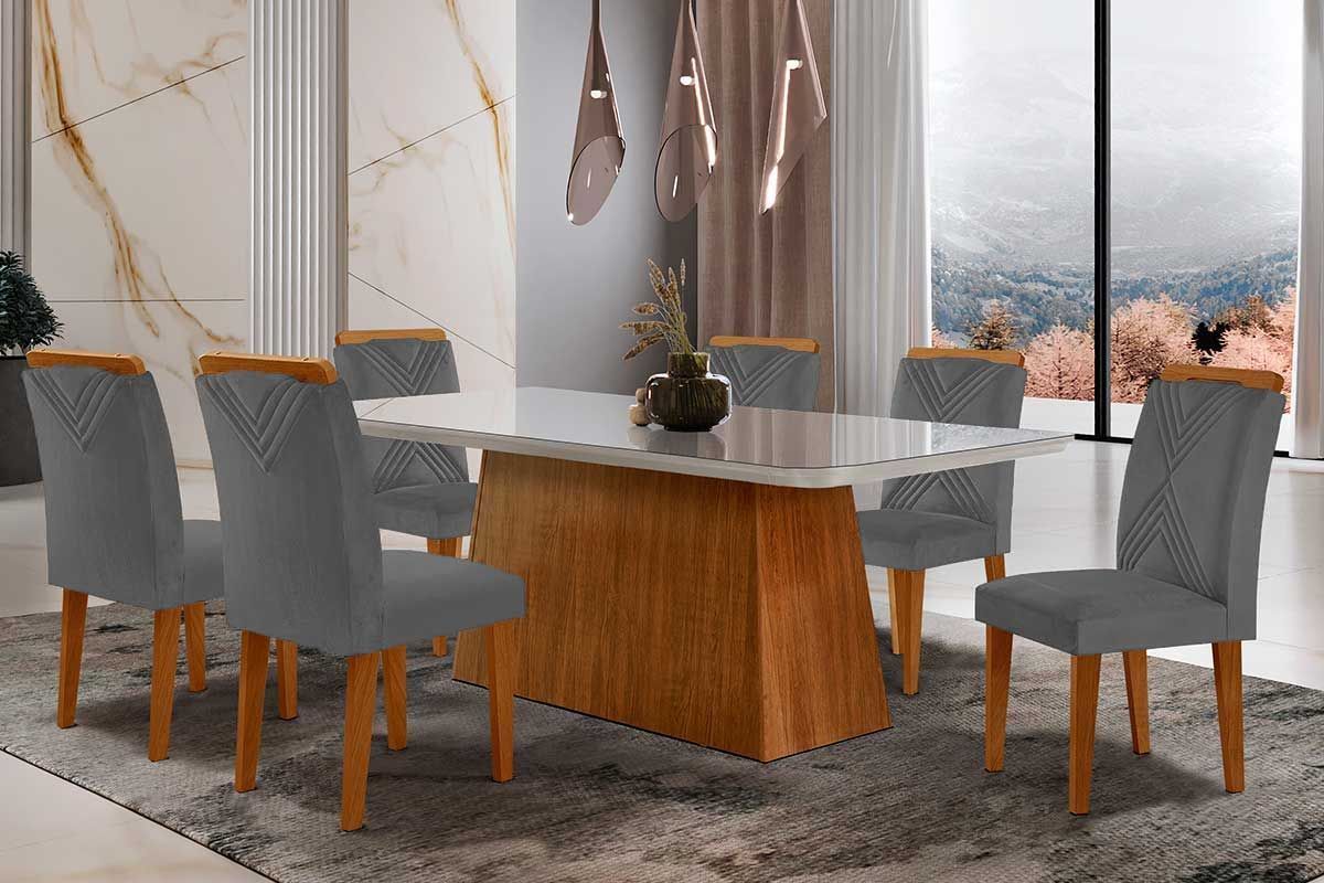 Sala de Jantar Completa Luna Tampo Madeirado c/ Vidro Canto Curvo 180x90 e 6 Cadeiras Amsterdã - Rufato