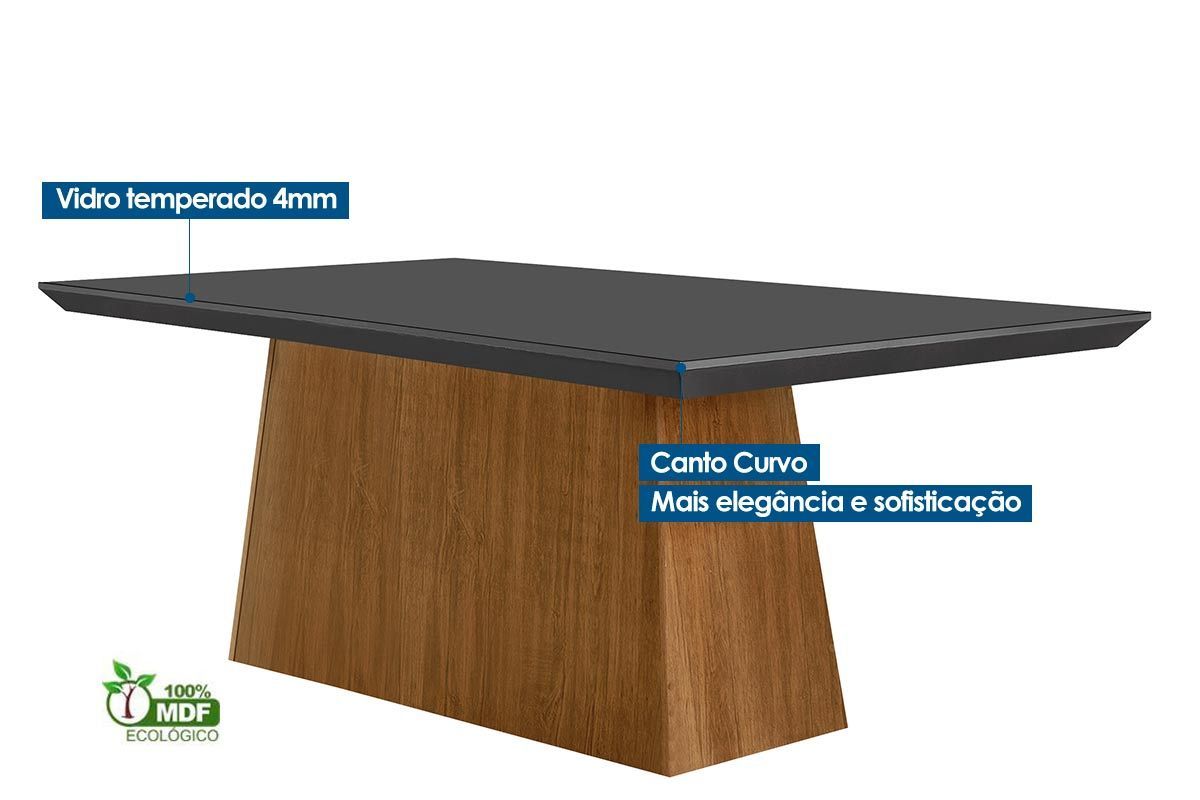 Sala de Jantar Completa Luna Tampo Madeirado c/ Vidro Canto Curvo 180x90 e 6 Cadeiras Amsterdã - Rufato