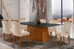 Sala de Jantar Completa Luna Tampo Madeirado c/ Vidro Canto Curvo 180x90 e 6 Cadeiras Amsterdã - Rufato