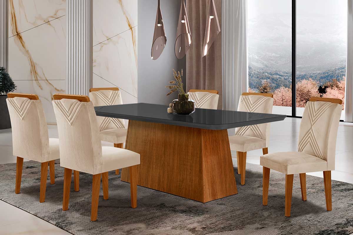 Sala de Jantar Completa Luna Tampo Madeirado c/ Vidro Canto Curvo 180x90 e 6 Cadeiras Amsterdã - Rufato