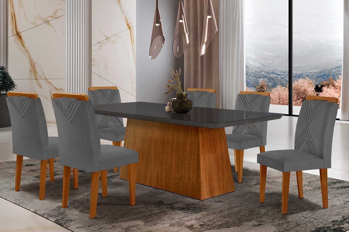 Sala de Jantar Completa Luna Tampo Madeirado c/ Vidro Canto Curvo 180x90 e 6 Cadeiras Amsterdã - Rufato