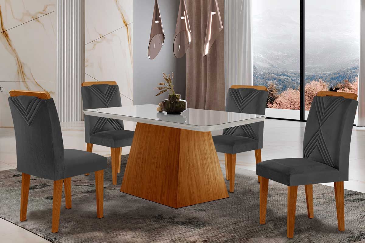 Sala de Jantar Completa Luna Tampo Madeirado c/ Vidro Canto Curvo 120x80 e 4 Cadeiras Amsterdã - Rufato