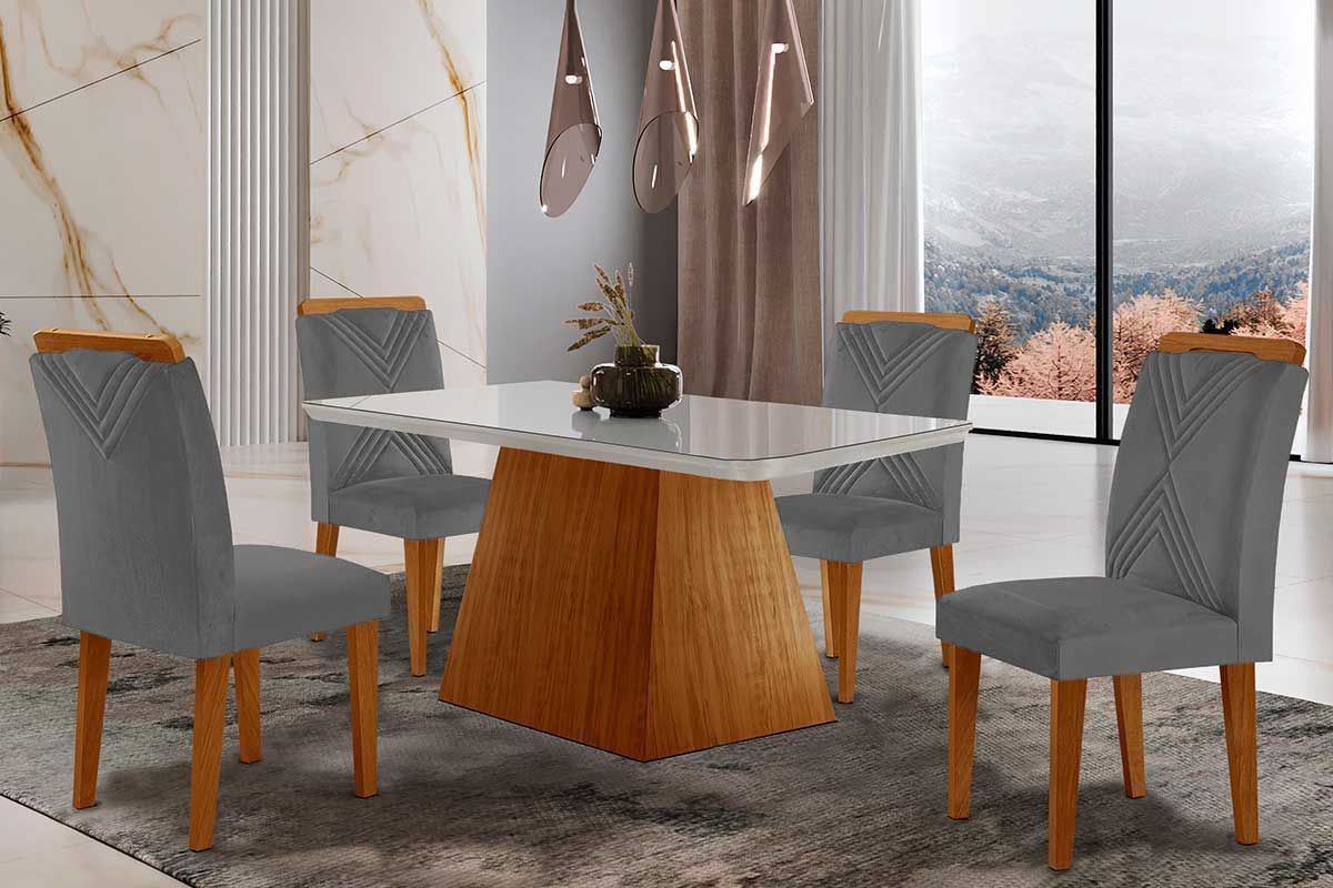 Sala de Jantar Completa Luna Tampo Madeirado c/ Vidro Canto Curvo 120x80 e 4 Cadeiras Amsterdã - Rufato
