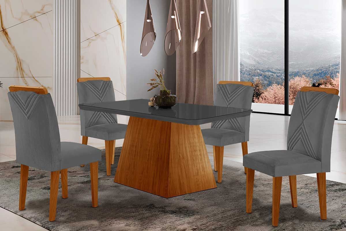 Sala de Jantar Completa Luna Tampo Madeirado c/ Vidro Canto Curvo 120x80 e 4 Cadeiras Amsterdã - Rufato