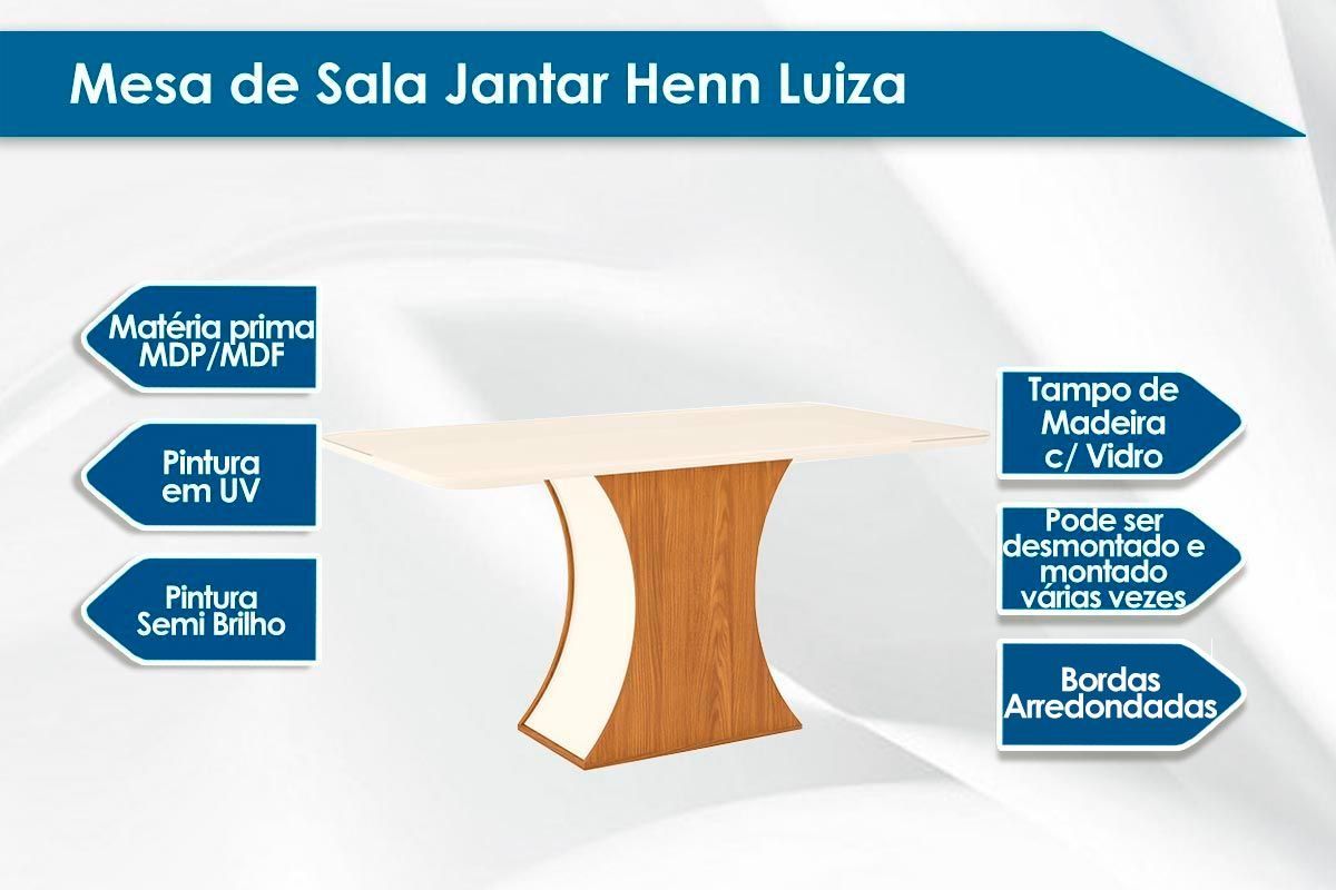 Sala de Jantar Completa Luiza SC15 Tampo Madeirado c/ Vidro Canto Curvo 160x90cm e 4 Cadeiras Anne - Henn