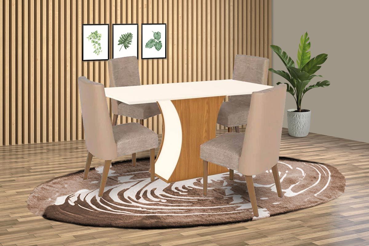 Sala de Jantar Completa Luiza SC15 Tampo Madeirado c/ Vidro Canto Curvo 160x90cm e 4 Cadeiras Anne - Henn