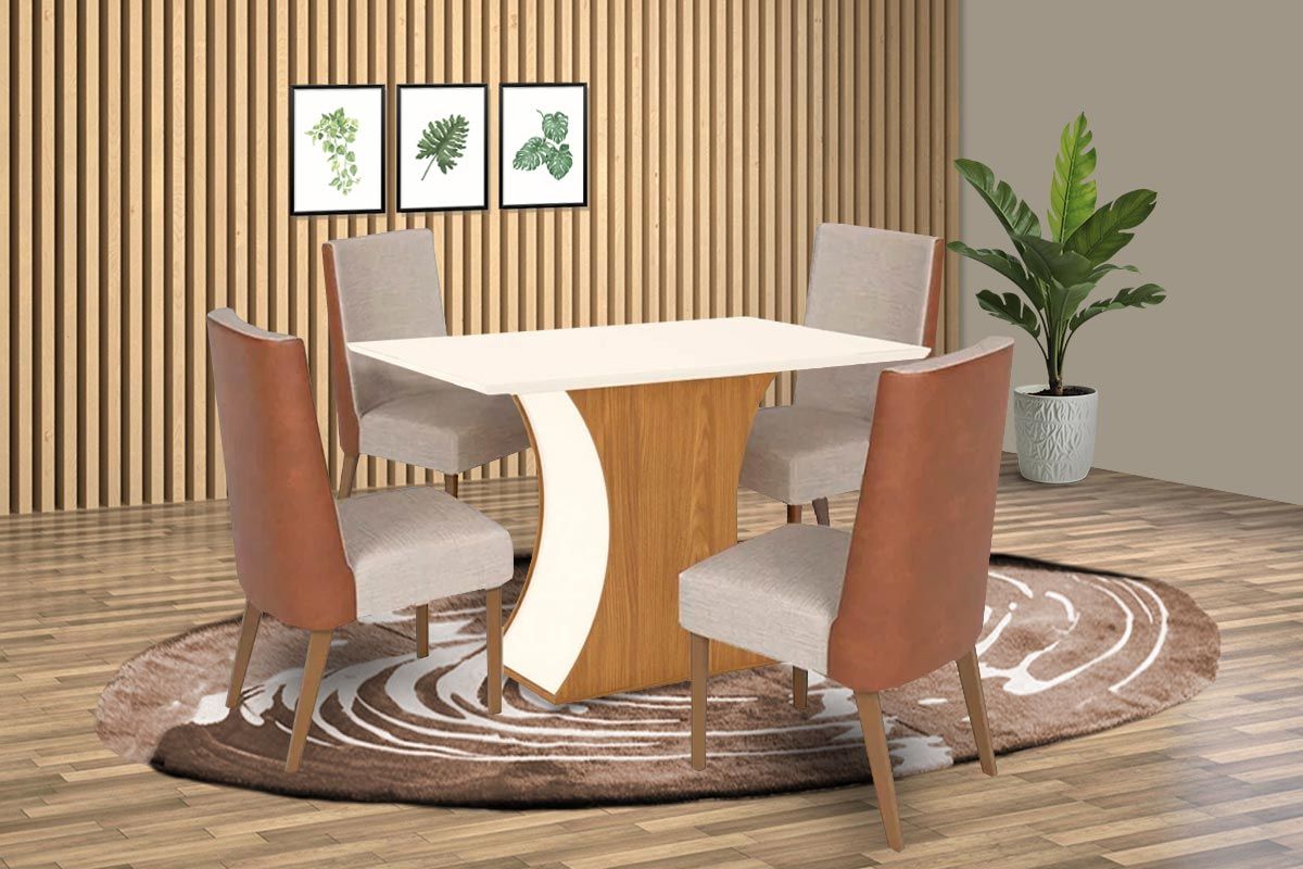 Sala de Jantar Completa Luiza SC42 Tampo Madeirado c/ Vidro Canto Curvo 120x80cm e 4 Cadeiras Anne - Henn