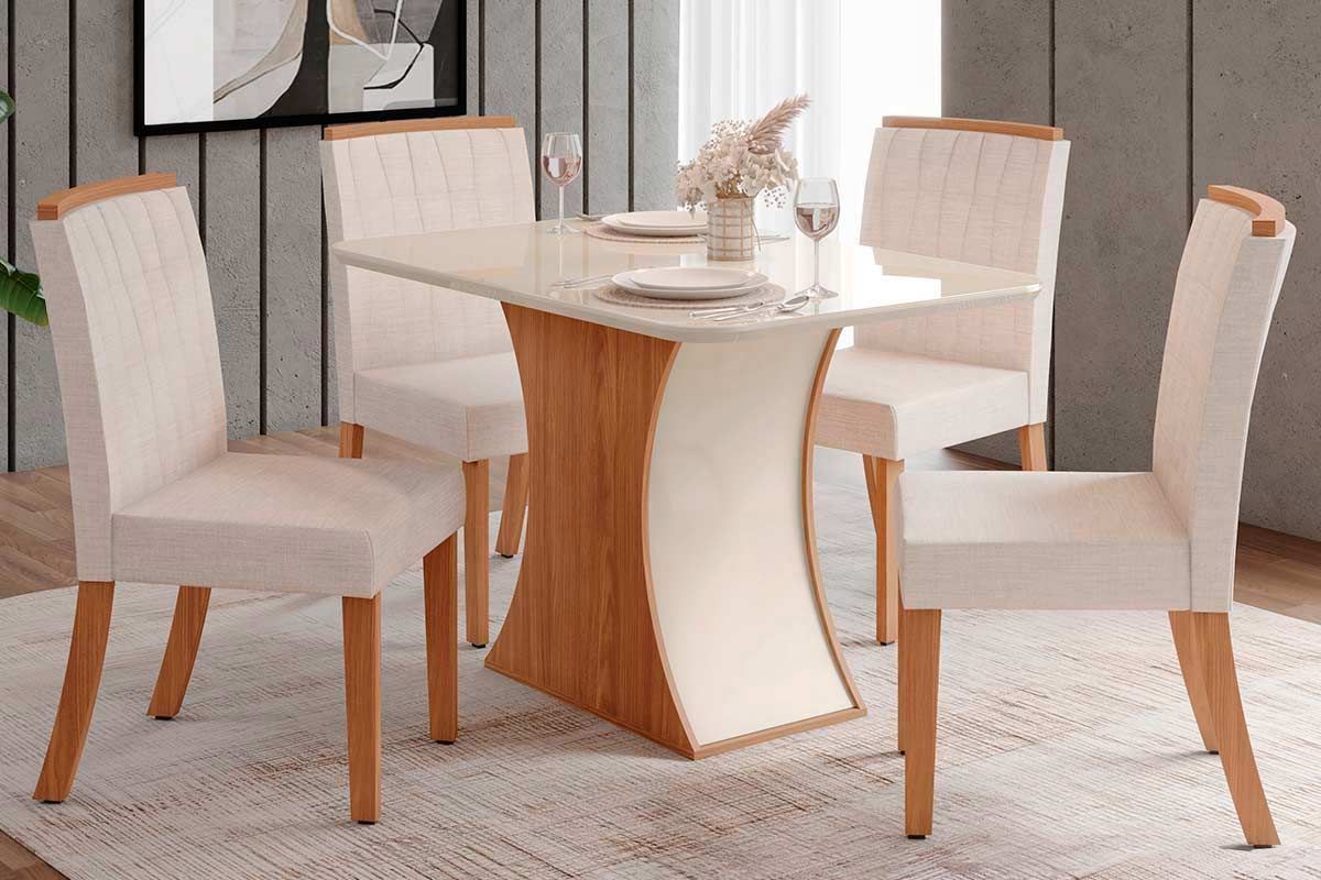 Sala de Jantar Completa Luiza SC42 Tampo Madeirado c/ Vidro Canto Curvo 120x80cm e 4 Cadeiras Tauá - Henn