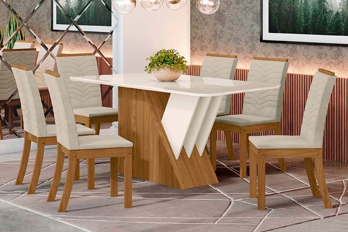 Sala de Jantar Completa Épic SC24 Tampo Madeirado c/ Vidro Canto Curvo 160x90cm e 6 Cadeiras Isa - Henn