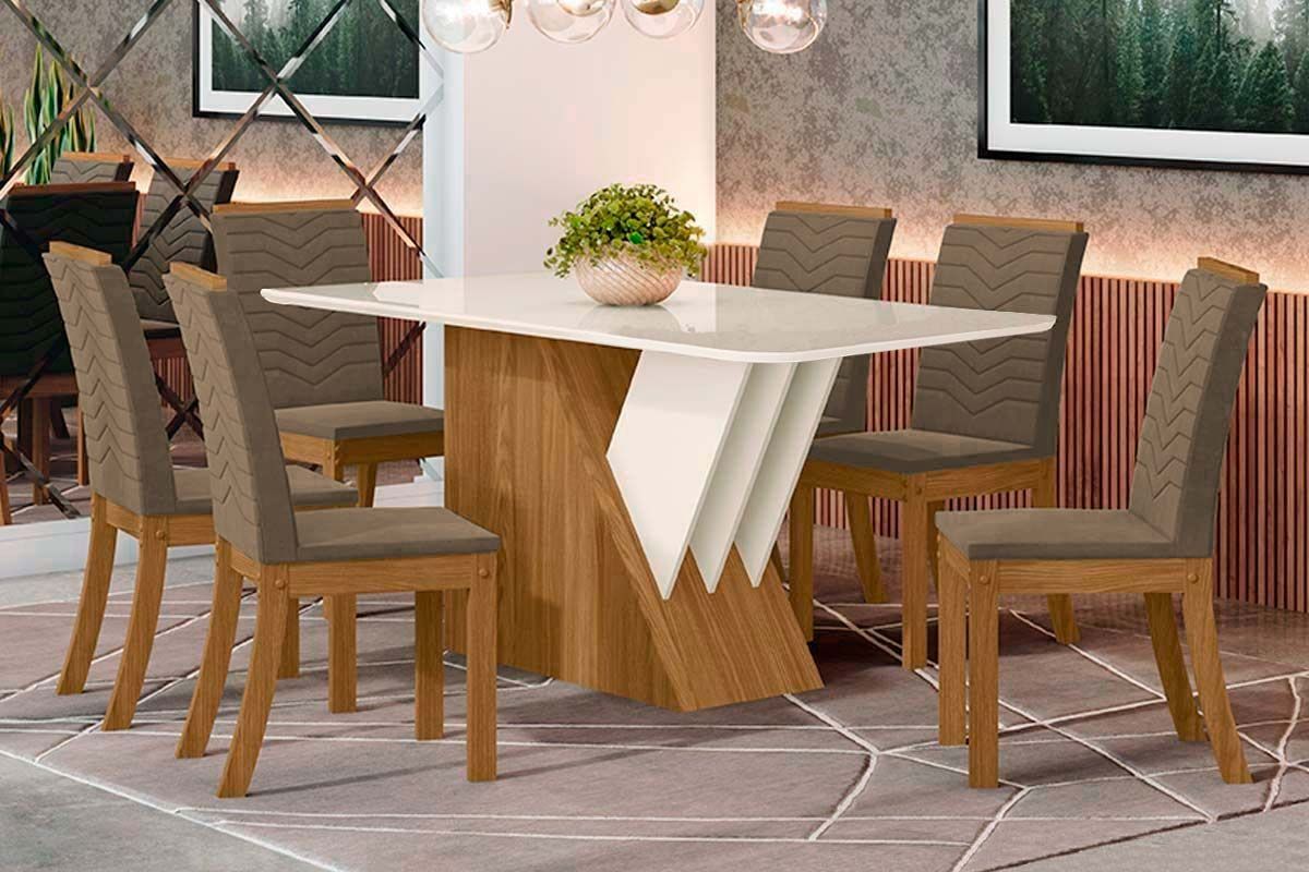 Sala de Jantar Completa Épic SC24 Tampo Madeirado c/ Vidro Canto Curvo 160x90cm e 6 Cadeiras Isa - Henn