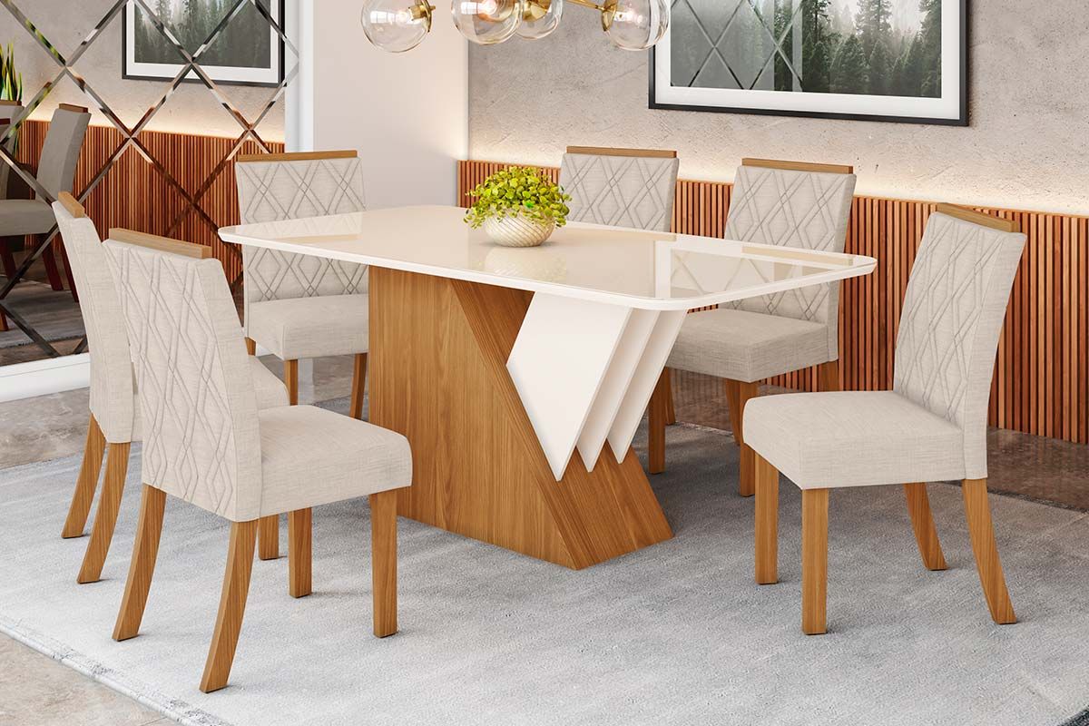Sala de Jantar Completa Épic SC24 Tampo Madeirado c/ Vidro Canto Curvo 160x90cm e 6 Cadeiras Vita - Henn