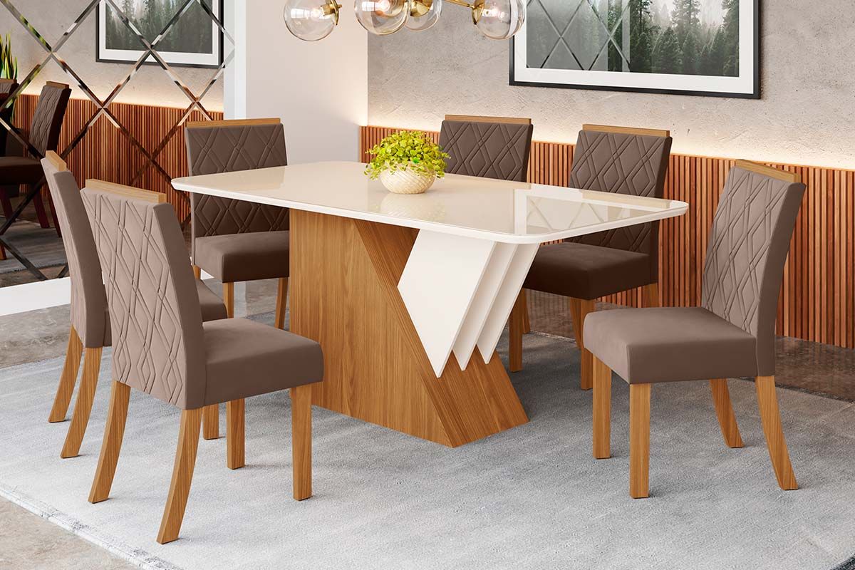 Sala de Jantar Completa Épic SC24 Tampo Madeirado c/ Vidro Canto Curvo 160x90cm e 6 Cadeiras Vita - Henn