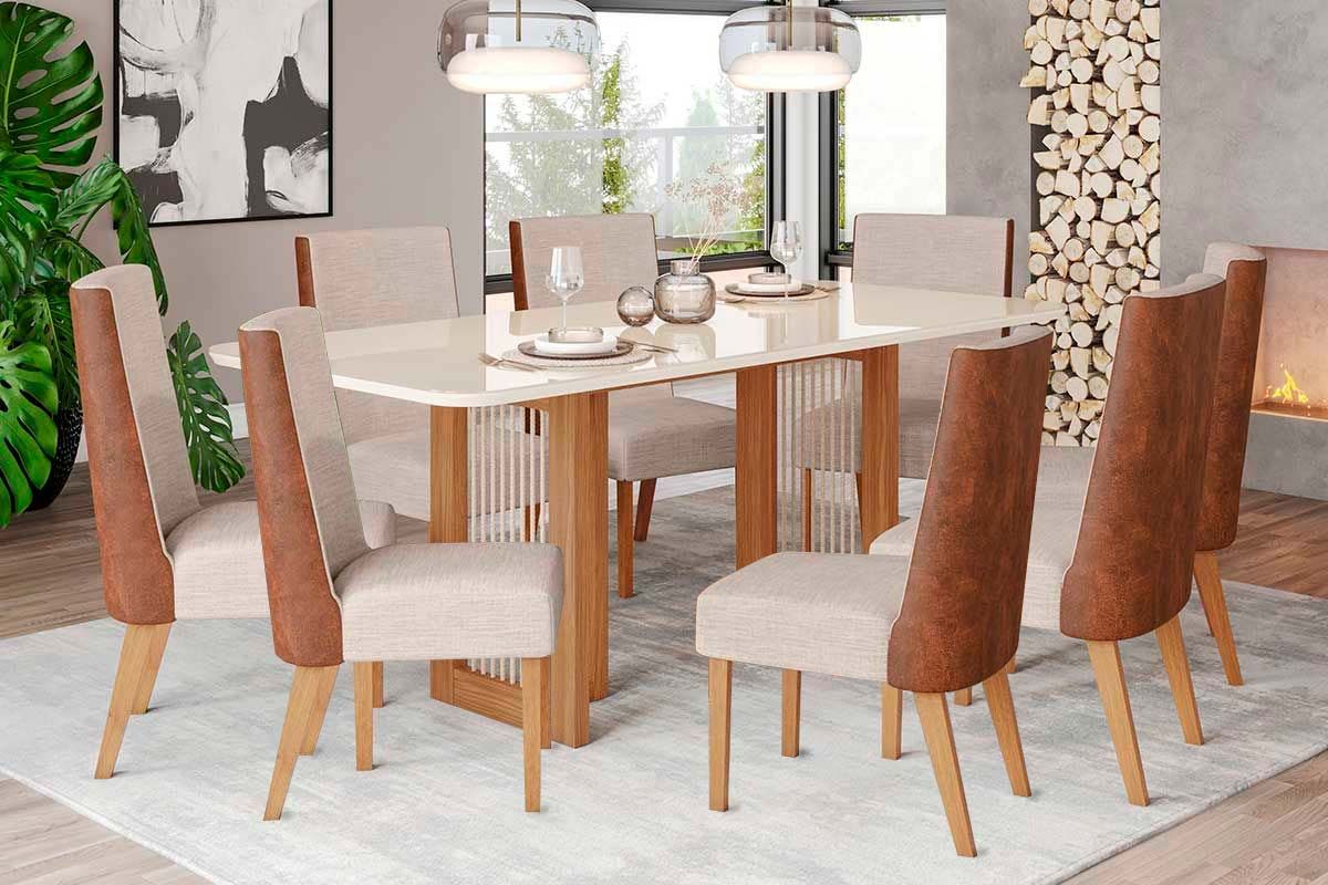 Sala de Jantar Completa Yara SC77 Tampo Madeirado c/ Vidro Canto Curvo 200x90cm e 8 Cadeiras Anne - Henn