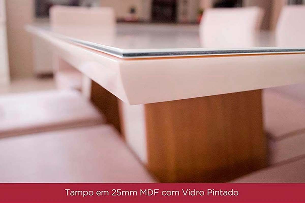Sala de Jantar Completa Yara SC77 Tampo Madeirado c/ Vidro Canto Curvo 200x90cm e 8 Cadeiras Anne - Henn