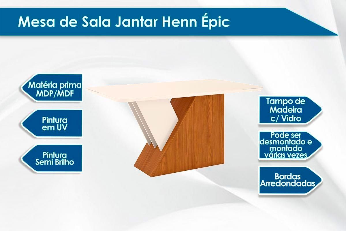 Sala de Jantar Completa Épic SC24 Tampo Madeirado c/ Vidro Canto Curvo 160x90cm e 6 Cadeiras Tauá - Henn