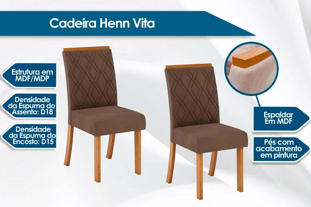 Sala de Jantar Completa Épic SC24 Tampo Madeirado c/ Vidro Canto Curvo 160x90cm e 6 Cadeiras Vita - Henn