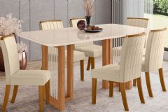 Sala de Jantar Completa Yara SC79 Tampo Madeirado c/ Vidro Canto Curvo 160x90cm e 6 Cadeiras Tauá - Henn