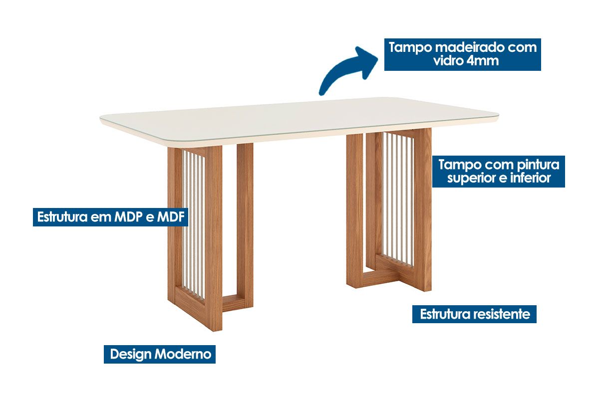 Sala de Jantar Completa Yara SC79 Tampo Madeirado c/ Vidro Canto Curvo 160x90cm e 6 Cadeiras Vita - Henn