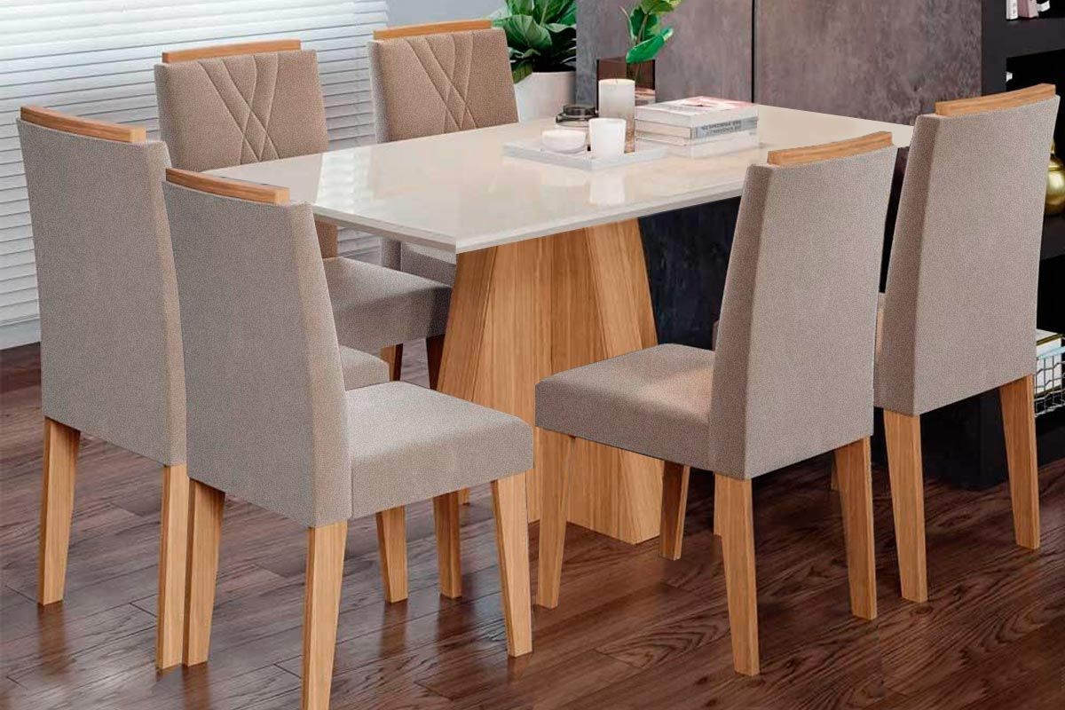 Sala Jantar Mesa Patricia c/ Tampo Madeirado c/ Vidro Canto Reto 160x80cm e 6 Cadeiras Nicole - Cimol