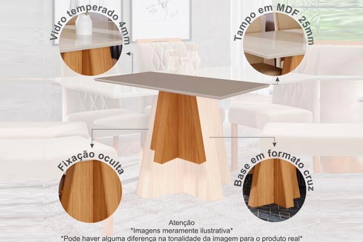 Sala Jantar Mesa Patricia c/ Tampo Madeirado c/ Vidro Canto Reto 160x80cm e 6 Cadeiras Nicole - Cimol