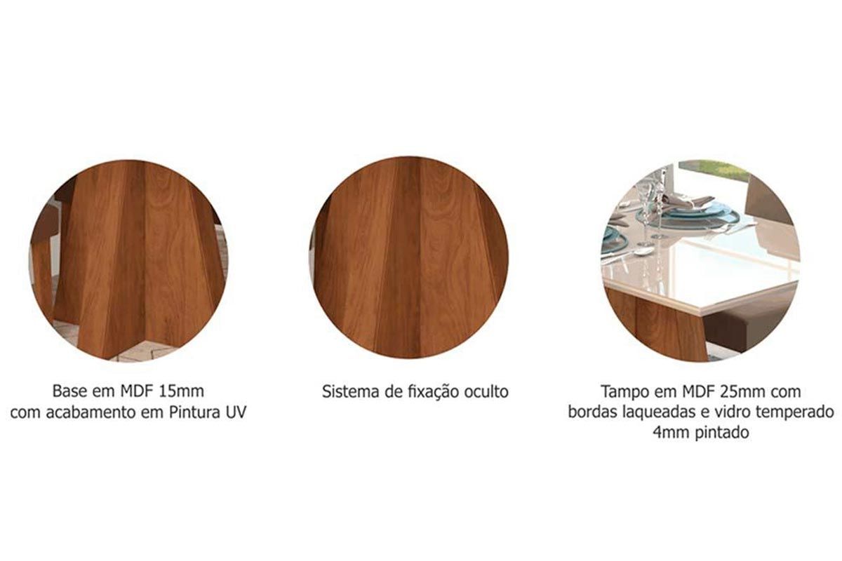 Sala Jantar Mesa Patricia c/ Tampo Madeirado c/ Vidro Canto Reto 160x80cm e 6 Cadeiras Nicole - Cimol