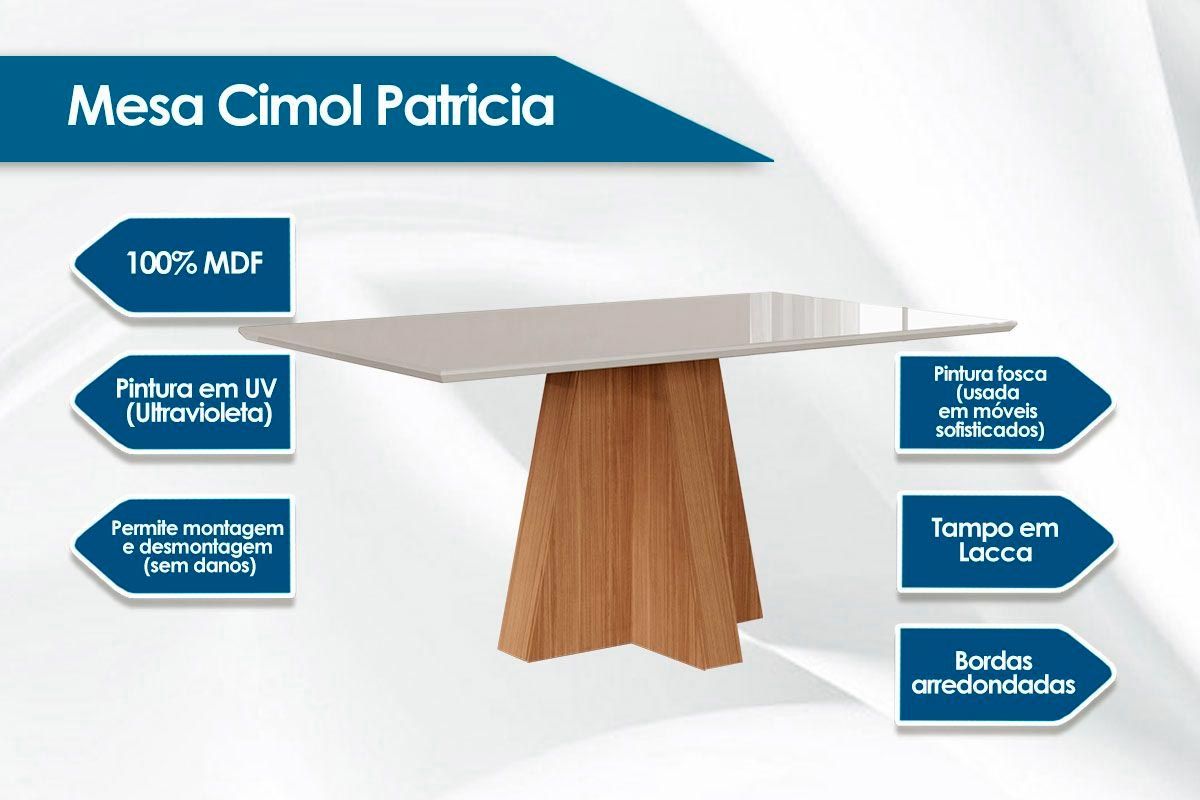 Sala Jantar Mesa Patricia c/ Tampo Madeirado c/ Vidro Canto Reto 160x80m e 6 Cadeiras Milena - Cimol