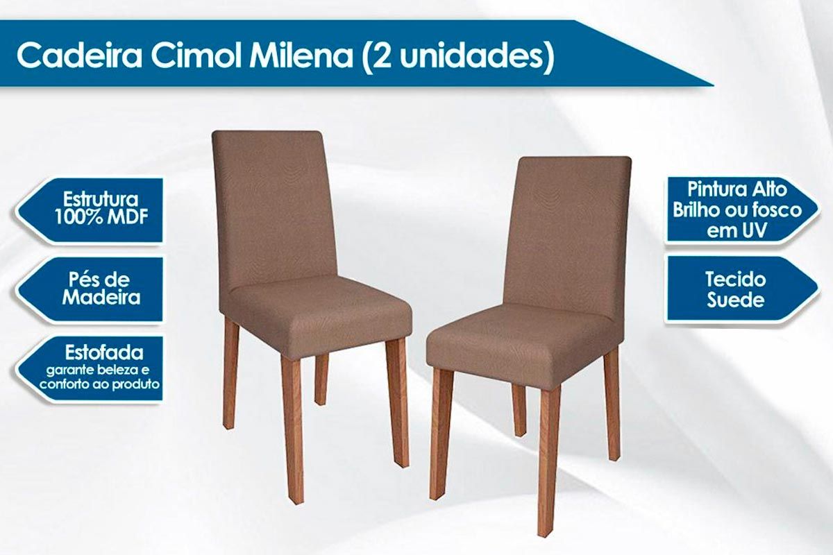 Sala Jantar Mesa Patricia c/ Tampo Madeirado c/ Vidro Canto Reto 160x80m e 6 Cadeiras Milena - Cimol