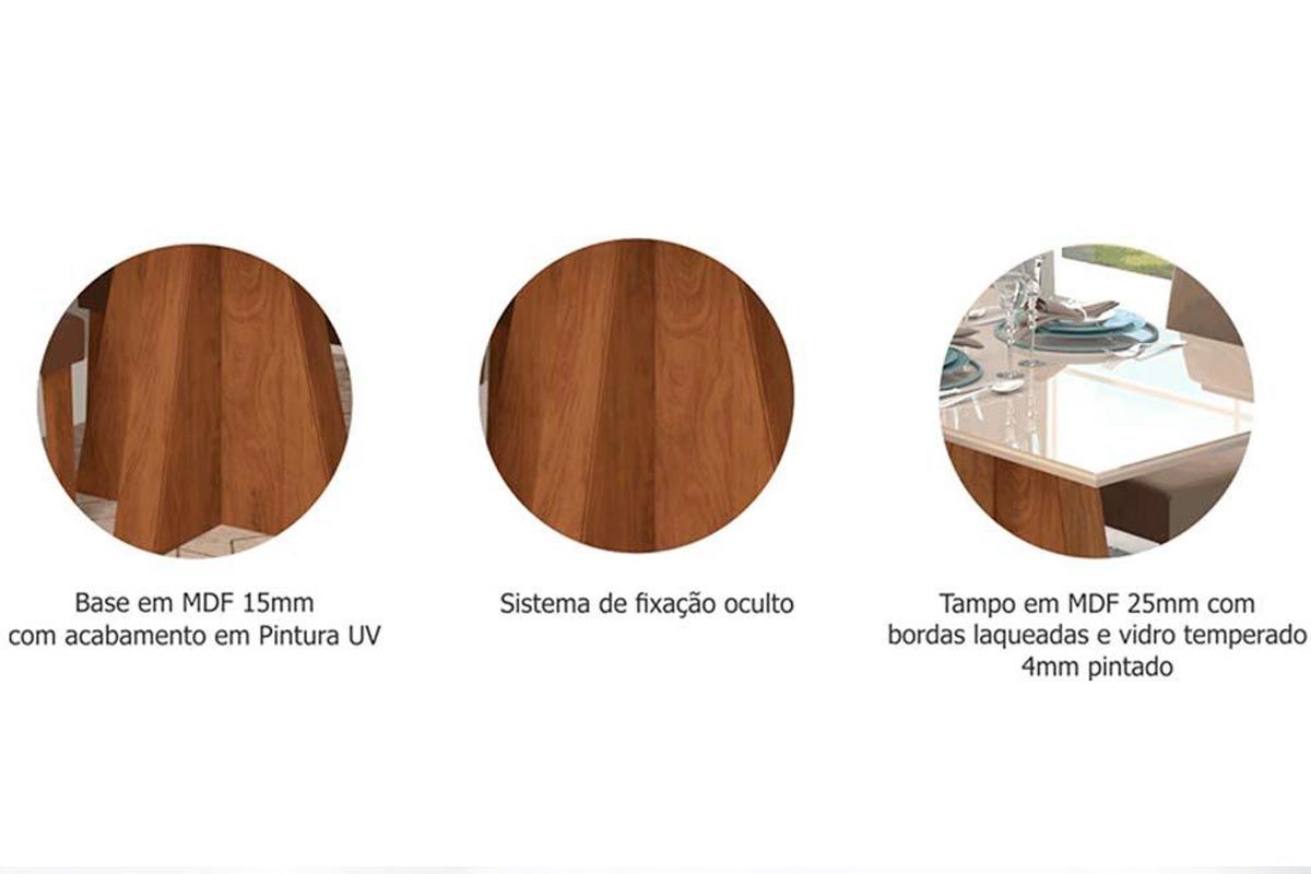 Sala Jantar Mesa Patricia c/ Tampo Madeirado c/ Vidro Canto Reto 160x80m e 6 Cadeiras Maia - Cimol