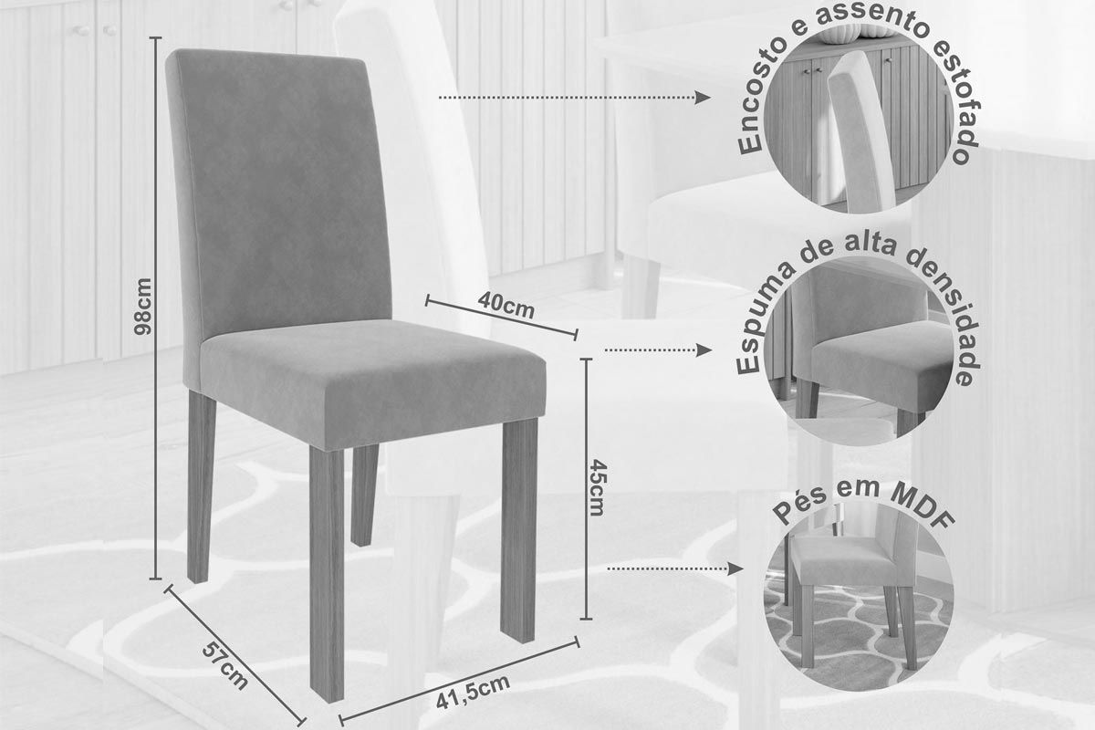 Sala Jantar Mesa Patricia c/ Tampo Madeirado c/ Vidro Canto Reto 160x80m e 6 Cadeiras Maia - Cimol