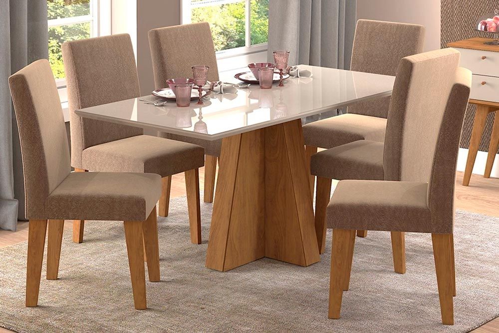 Sala Jantar Mesa Patricia c/ Tampo Madeirado c/ Vidro Canto Reto 160x80m e 6 Cadeiras Milena - Cimol