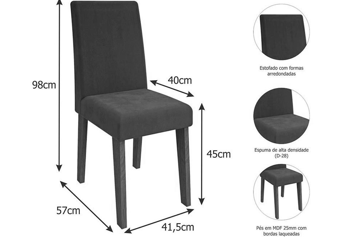 Sala Jantar Mesa Patricia c/ Tampo Madeirado c/ Vidro Canto Reto 160x80m e 6 Cadeiras Milena - Cimol