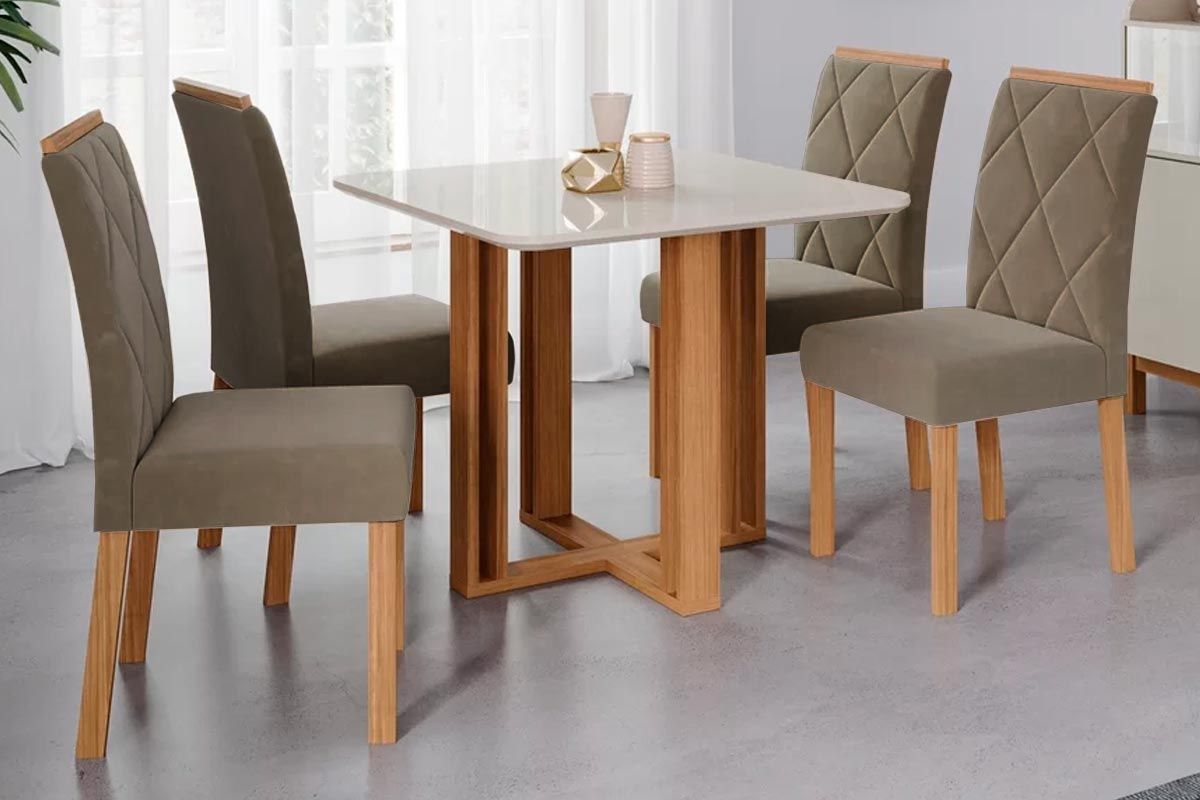 Sala Jantar Mesa Flora c/ Tampo Madeirado c/ Vidro 95x95cm e 4 Cadeiras Fernanda - Cimol