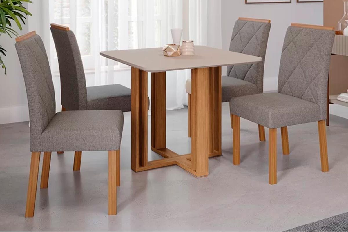 Sala Jantar Mesa Flora c/ Tampo Madeirado c/ Vidro 95x95cm e 4 Cadeiras Fernanda - Cimol